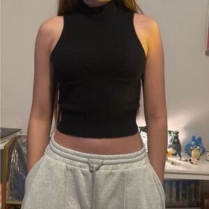 Black Sleeveless Ribbed Knit Top